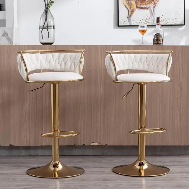 Alt view image 7 of 7 - LukeAlon Modern Velvet Adjustable Barstools Set of 3, 360° Swivel Counter Stools with Golden Base Upholstered Open Back Tall Bar Chairs with Footrest for Home Pub Kitchen, White