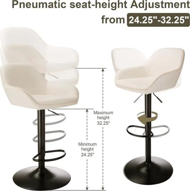 Alt view image 2 of 7 - Glitzhome Mid Century Bar Stools Set of 2 Vintage Swivel Leather Adjustable Bar Chair with Backrest and Footrest, Modern Pub Kitchen Counter Height Barstools, Coconut Milk