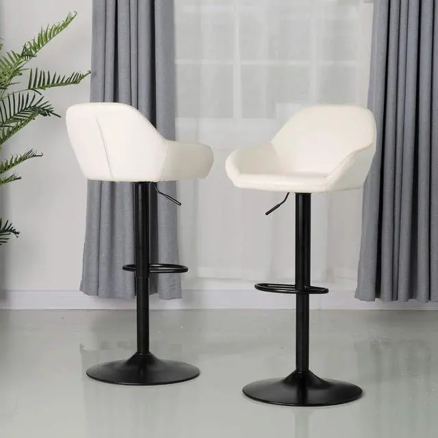 Alt view image 3 of 7 - Glitzhome Mid Century Bar Stools Set of 2 Vintage Swivel Leather Adjustable Bar Chair with Backrest and Footrest, Modern Pub Kitchen Counter Height Barstools, Coconut Milk