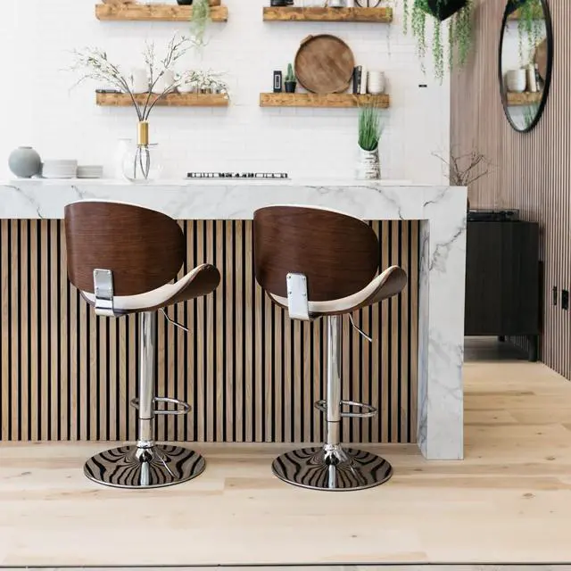 Alt view image 2 of 7 - Signature Design by Ashley Bellatier Mid-Century Modern 34" Adjustable Height Curved Bar Stool, Brown & White