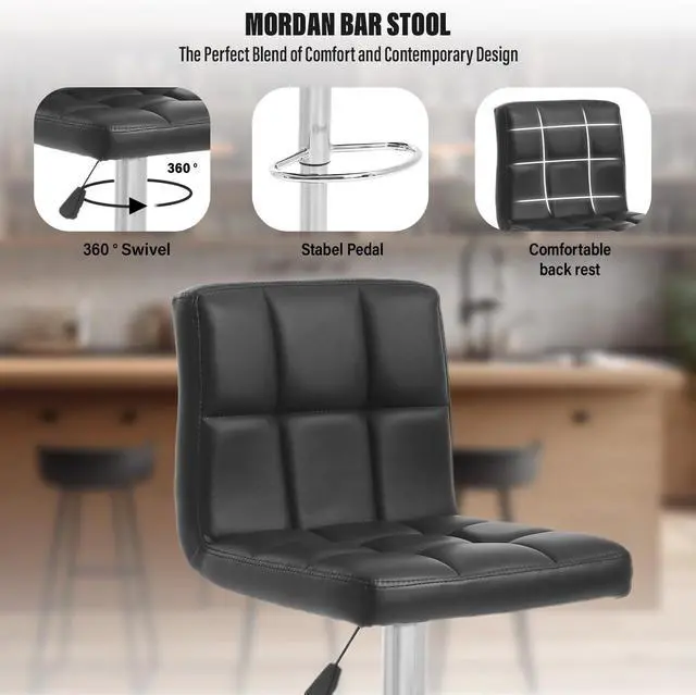 Alt view image 6 of 7 - Barstools Set of 2 Counter Height Bar Stools Height Adjustable Back PU Leather Swivel Bar Stool Bar Chairs Hydraulic Swivel Dining Chairs for Kitchen Bar Restaurant Living Room,Black