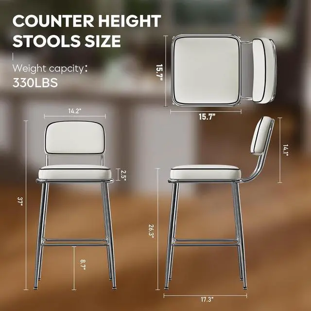 Alt view image 2 of 6 - Counter Height Bar Stools Set of 2, 26 inch Pu Leather Upholstered Barstools with Backs and Metal Legs, Bar Chair for Kitchen Island, White