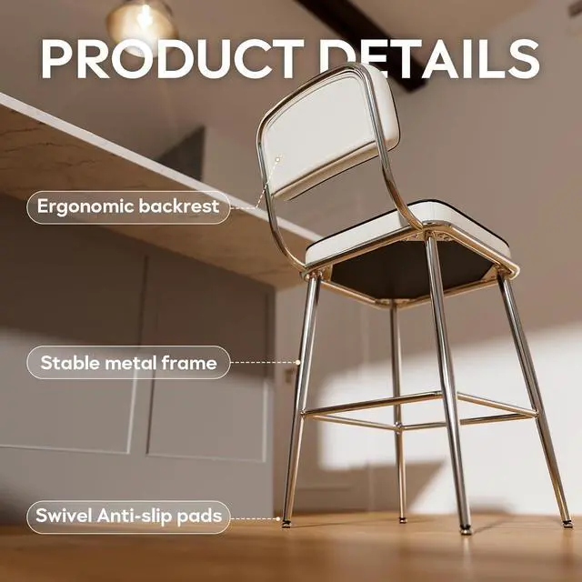 Alt view image 5 of 6 - Counter Height Bar Stools Set of 2, 26 inch Pu Leather Upholstered Barstools with Backs and Metal Legs, Bar Chair for Kitchen Island, White