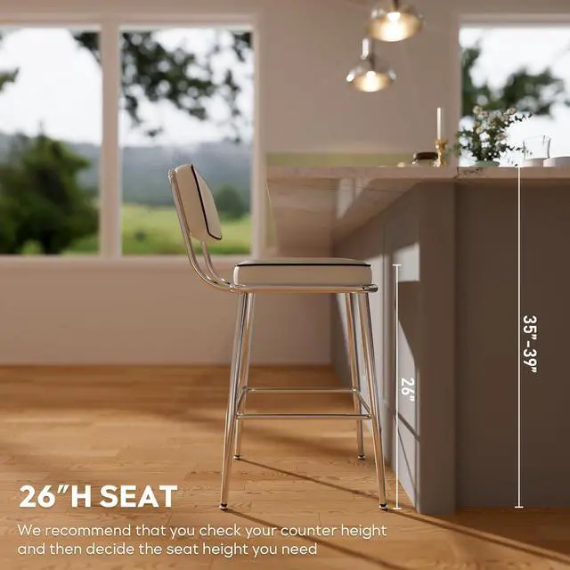 Alt view image 6 of 6 - Counter Height Bar Stools Set of 2, 26 inch Pu Leather Upholstered Barstools with Backs and Metal Legs, Bar Chair for Kitchen Island, White