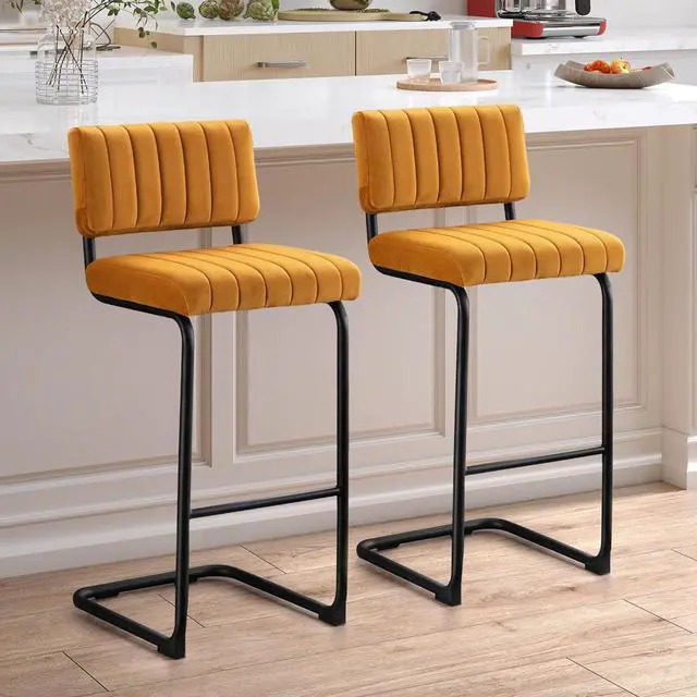 Main image of ONEVOG 30'' Modern Bar Stools with Tufted Backs, Upholstered Velvet Fabric Bar Height Stools Chairs, Mid Century Cantilever Barstools for Kitchen Island Pub Set of 2