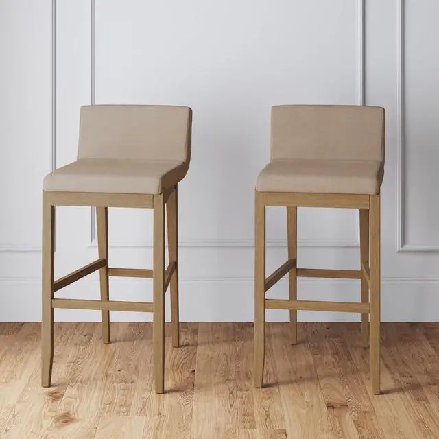 Main image of Nathan James Gracie Modern Bar Stool with Back, Cushioned Bar Height Stool with Natural Flax Upholstery and Brushed Wooden Legs, Natural Flax/Brown, Set of 2
