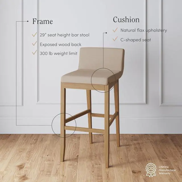 Alt view image 4 of 7 - Nathan James Gracie Modern Bar Stool with Back, Cushioned Bar Height Stool with Natural Flax Upholstery and Brushed Wooden Legs, Natural Flax/Brown, Set of 2