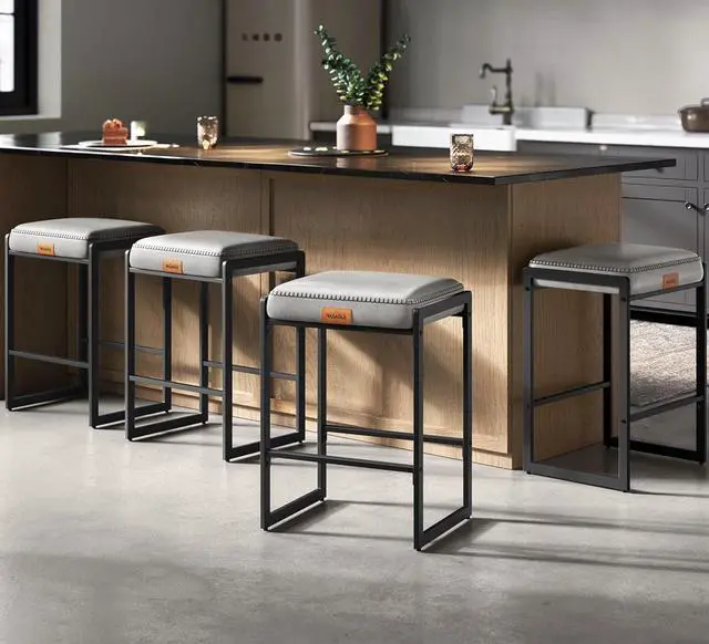 Main image of VASAGLE EKHO Collection - Bar Stools Set of 4, Counter Height Bar Stools, Synthetic Leather with Stitching, Mid-Century Modern Counter Stools, 26-Inch Tall, Kichen Home Bar Dining Room, Dove Gray