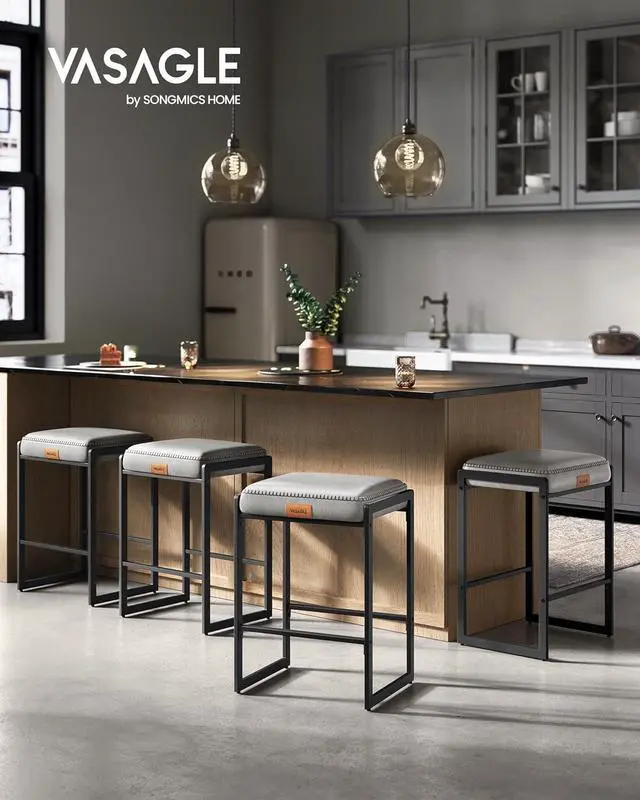 Alt view image 3 of 7 - VASAGLE EKHO Collection - Bar Stools Set of 4, Counter Height Bar Stools, Synthetic Leather with Stitching, Mid-Century Modern Counter Stools, 26-Inch Tall, Kichen Home Bar Dining Room, Dove Gray