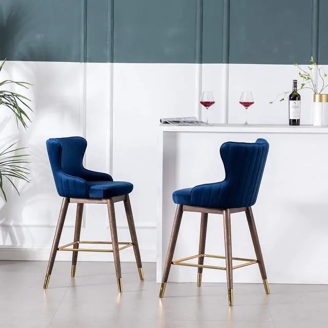 Alt view image 2 of 7 - Roundhill Furniture Leland Fabric Upholstered Counter Height Wingback Stools, Set of 2, Blue