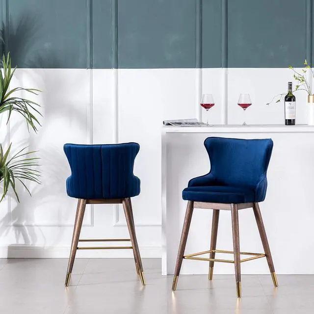Alt view image 4 of 7 - Roundhill Furniture Leland Fabric Upholstered Counter Height Wingback Stools, Set of 2, Blue