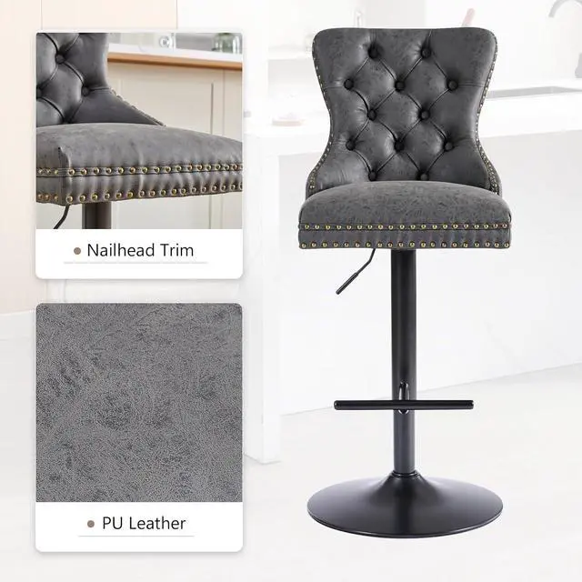 Alt view image 5 of 7 - Black Bar stools Set of 4, Modern Swivel Bar Chairs with Thickened Cushion, Adjustable Upholstered Counter Height Barstools, Easy Assembly for Kitchen Counter Home Bar (PU, Black)