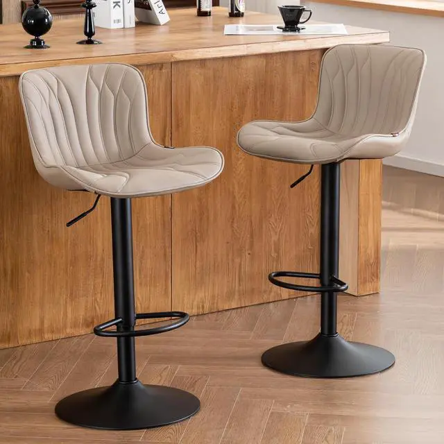 Main image of YOUNIKE Khaki Bar Stools Set of 2 Modern Swivel Counter Height Bar Chair with Back Adjustable Kitchen Island Faux Leather Padded Barstools Metal taburetes de bar Breakfast sillas para barra de cocina