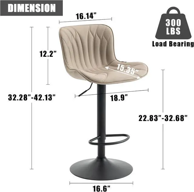 Alt view image 2 of 7 - YOUNIKE Khaki Bar Stools Set of 2 Modern Swivel Counter Height Bar Chair with Back Adjustable Kitchen Island Faux Leather Padded Barstools Metal taburetes de bar Breakfast sillas para barra de cocina