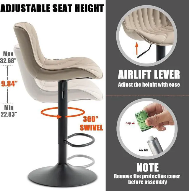 Alt view image 4 of 7 - YOUNIKE Khaki Bar Stools Set of 2 Modern Swivel Counter Height Bar Chair with Back Adjustable Kitchen Island Faux Leather Padded Barstools Metal taburetes de bar Breakfast sillas para barra de cocina