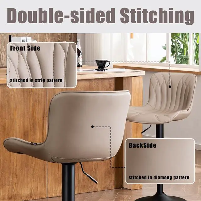 Alt view image 5 of 7 - YOUNIKE Khaki Bar Stools Set of 2 Modern Swivel Counter Height Bar Chair with Back Adjustable Kitchen Island Faux Leather Padded Barstools Metal taburetes de bar Breakfast sillas para barra de cocina