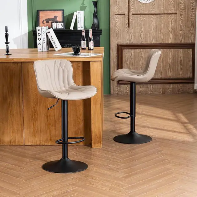 Alt view image 7 of 7 - YOUNIKE Khaki Bar Stools Set of 2 Modern Swivel Counter Height Bar Chair with Back Adjustable Kitchen Island Faux Leather Padded Barstools Metal taburetes de bar Breakfast sillas para barra de cocina