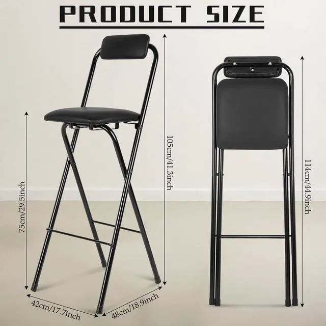 Alt view image 3 of 7 - Thyle Folding Bar Stool with Backrest, Leather Padded Counter Height Foldable Stool, Portable Folding High Seat Tall Bar Chairs for Outdoor Camping Kitchen Shop Cafe, Black(2 Pcs,29.5 Inch)