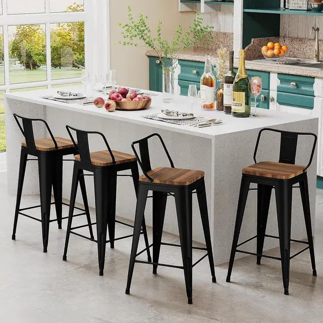Main image of Andeworld Metal Bar Stools Set of 4 Kitchen Counter Stools Bristro Barstools Industrial Bar Stools (24 Inch, Black with Wooden Seats)