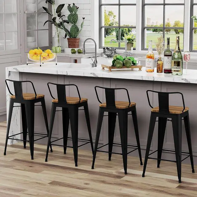 Alt view image 2 of 7 - Andeworld Metal Bar Stools Set of 4 Kitchen Counter Stools Bristro Barstools Industrial Bar Stools (24 Inch, Black with Wooden Seats)