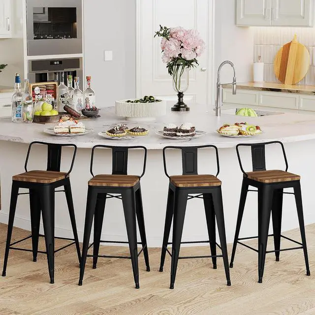 Alt view image 3 of 7 - Andeworld Metal Bar Stools Set of 4 Kitchen Counter Stools Bristro Barstools Industrial Bar Stools (24 Inch, Black with Wooden Seats)