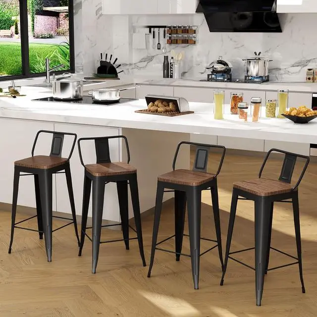 Alt view image 5 of 7 - Andeworld Metal Bar Stools Set of 4 Kitchen Counter Stools Bristro Barstools Industrial Bar Stools (24 Inch, Black with Wooden Seats)