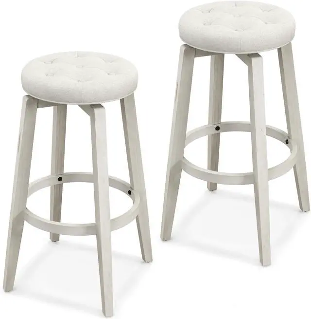 Main image of Giantex Swivel Bar Stools Set of 2, 30" Bar Height Stools w/Tufted Seat & Rubber Wood Frame, Round Backless Kitchen Stools w/Footrest, Barstools for Kitchen Island/Breakfast/Pub, Antique White