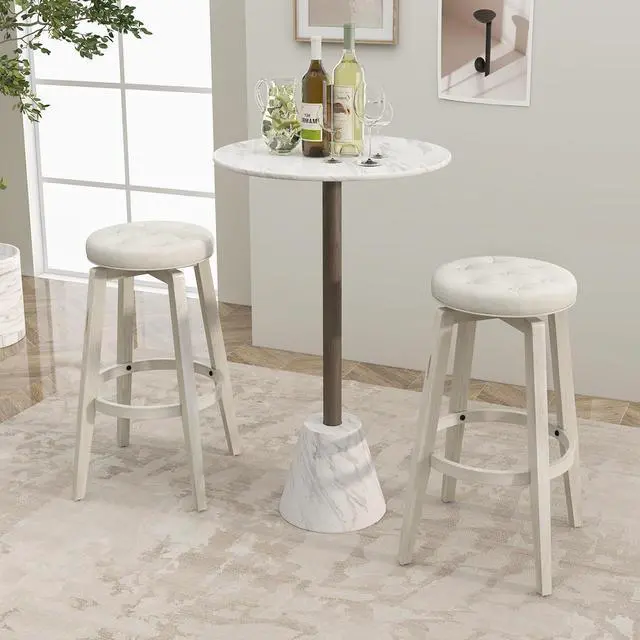 Alt view image 2 of 7 - Giantex Swivel Bar Stools Set of 2, 30" Bar Height Stools w/Tufted Seat & Rubber Wood Frame, Round Backless Kitchen Stools w/Footrest, Barstools for Kitchen Island/Breakfast/Pub, Antique White