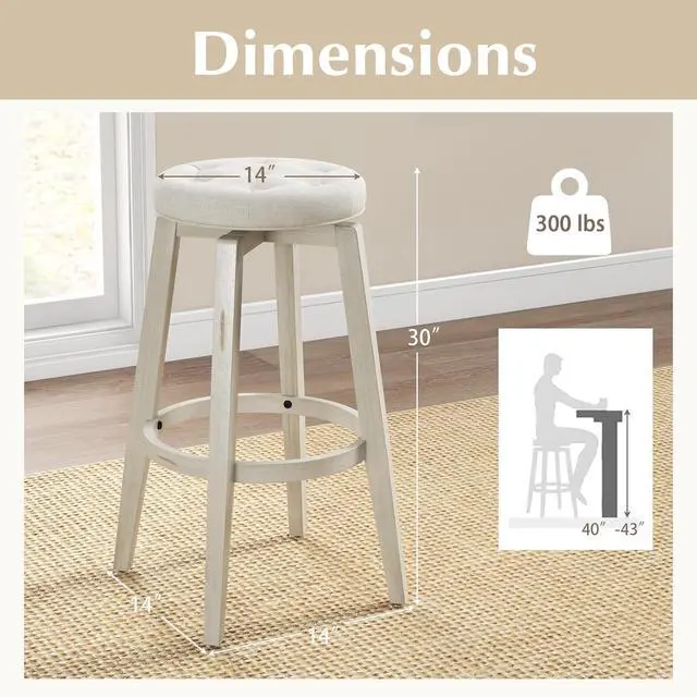 Alt view image 3 of 7 - Giantex Swivel Bar Stools Set of 2, 30" Bar Height Stools w/Tufted Seat & Rubber Wood Frame, Round Backless Kitchen Stools w/Footrest, Barstools for Kitchen Island/Breakfast/Pub, Antique White