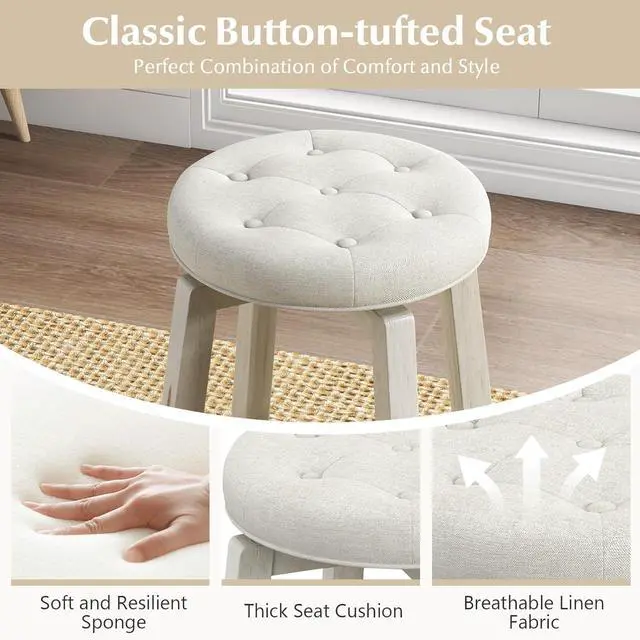 Alt view image 4 of 7 - Giantex Swivel Bar Stools Set of 2, 30" Bar Height Stools w/Tufted Seat & Rubber Wood Frame, Round Backless Kitchen Stools w/Footrest, Barstools for Kitchen Island/Breakfast/Pub, Antique White