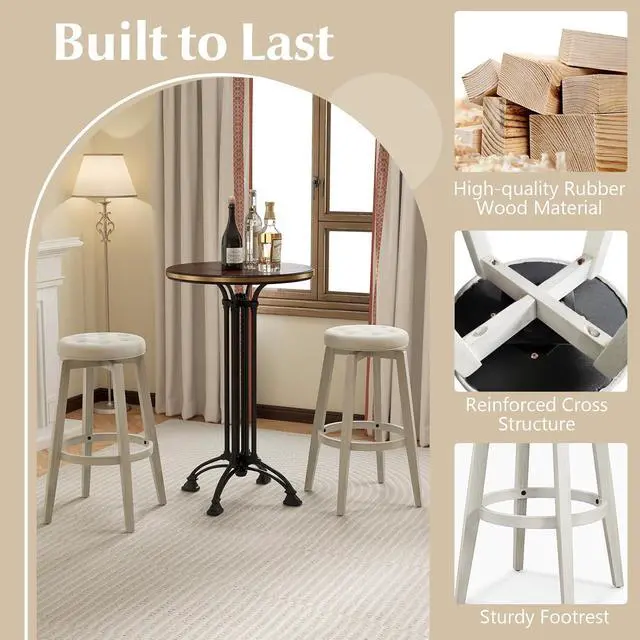 Alt view image 5 of 7 - Giantex Swivel Bar Stools Set of 2, 30" Bar Height Stools w/Tufted Seat & Rubber Wood Frame, Round Backless Kitchen Stools w/Footrest, Barstools for Kitchen Island/Breakfast/Pub, Antique White