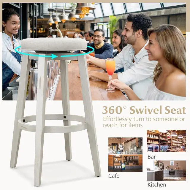 Alt view image 6 of 7 - Giantex Swivel Bar Stools Set of 2, 30" Bar Height Stools w/Tufted Seat & Rubber Wood Frame, Round Backless Kitchen Stools w/Footrest, Barstools for Kitchen Island/Breakfast/Pub, Antique White