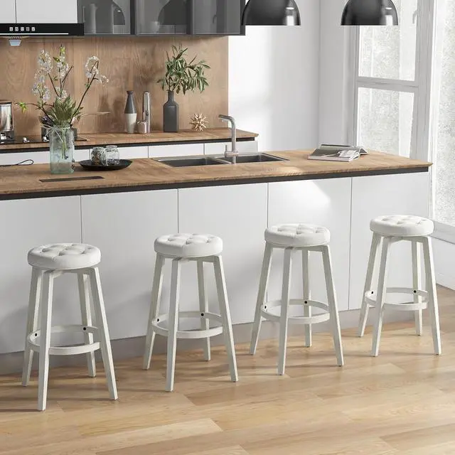 Alt view image 7 of 7 - Giantex Swivel Bar Stools Set of 2, 30" Bar Height Stools w/Tufted Seat & Rubber Wood Frame, Round Backless Kitchen Stools w/Footrest, Barstools for Kitchen Island/Breakfast/Pub, Antique White