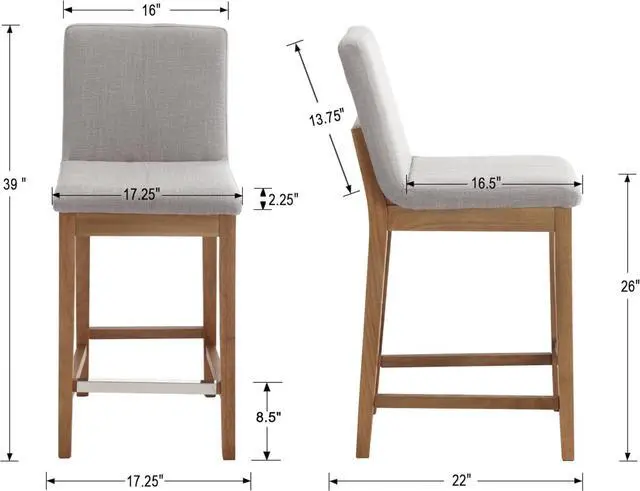 Alt view image 3 of 7 - Kmax 26 Inch Counter Height Bar Stools Set of 4, Upholstered Stools for Kitchen Counter with Back Support Rustic Wooden White Armless Barstools for Kitchen Island Dining Room Breakfast - Linen, Grey