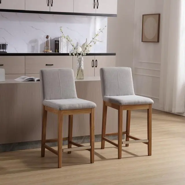 Alt view image 2 of 7 - Kmax 26 Inch Counter Height Bar Stools Set of 4, Upholstered Stools for Kitchen Counter with Back Support Rustic Wooden White Armless Barstools for Kitchen Island Dining Room Breakfast - Linen, Grey