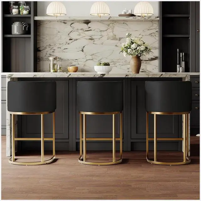 Main image of Modern Bar Stools Set of 3,26 Inch Upholstered PU Leather Counter Height Barstool with Tubular Frame,Black Leather Bar Stools,Island Chairs Cream (Black+Gold, 3-Pack)