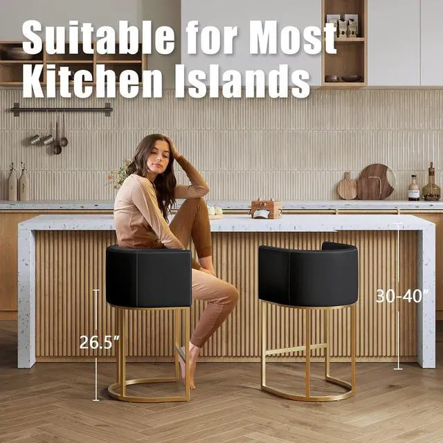 Alt view image 4 of 7 - Modern Bar Stools Set of 3,26 Inch Upholstered PU Leather Counter Height Barstool with Tubular Frame,Black Leather Bar Stools,Island Chairs Cream (Black+Gold, 3-Pack)