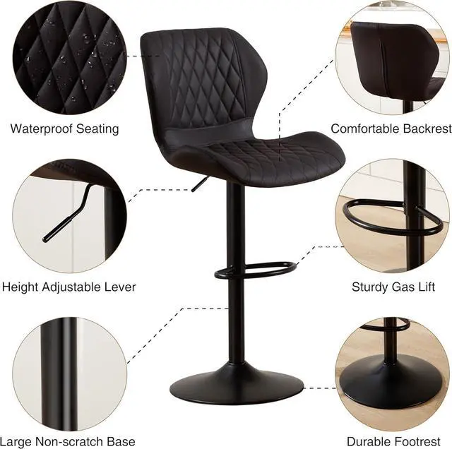 Alt view image 7 of 7 - Bar Stools Set of 2, Modern Swivel Counter Height Barstools for Kitchen Island Chairs, Adjustable Faux Leather Bar Stools with Back for Kitchen Counter Bar, Black