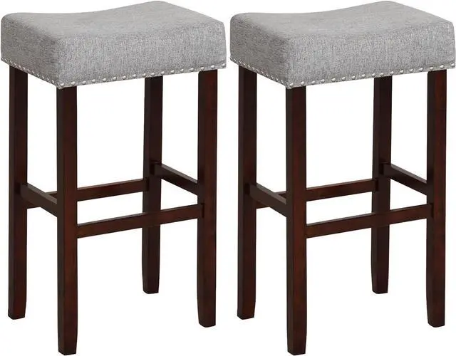 Main image of Giantex 29.5" Bar Height Bar Stools Set of 2 - Backless Saddle Barstools with Nailhead Linen Foam Seat, Max Load 330 Lbs Wood Bar Stools with Foot Rest for Kitchen Island, Grey
