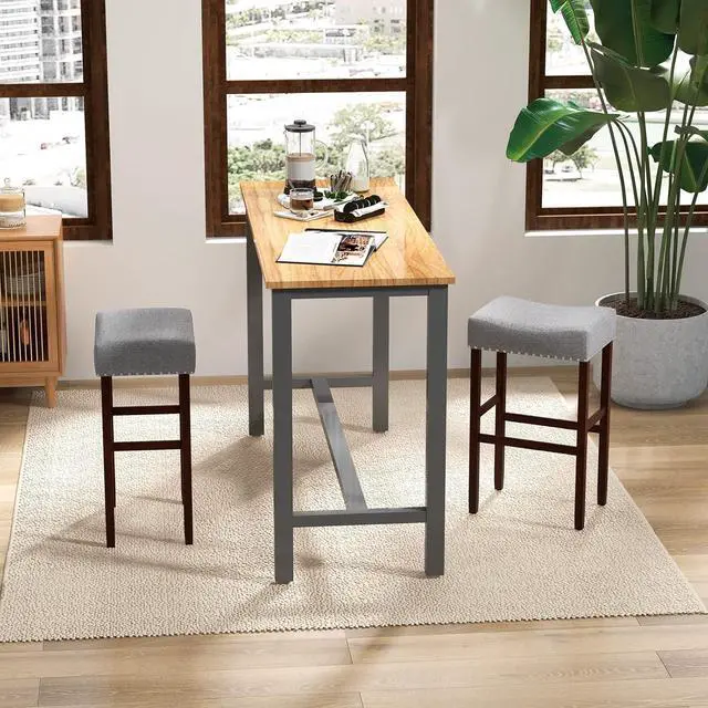 Alt view image 2 of 7 - Giantex 29.5" Bar Height Bar Stools Set of 2 - Backless Saddle Barstools with Nailhead Linen Foam Seat, Max Load 330 Lbs Wood Bar Stools with Foot Rest for Kitchen Island, Grey