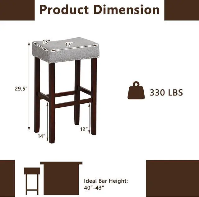 Alt view image 3 of 7 - Giantex 29.5" Bar Height Bar Stools Set of 2 - Backless Saddle Barstools with Nailhead Linen Foam Seat, Max Load 330 Lbs Wood Bar Stools with Foot Rest for Kitchen Island, Grey