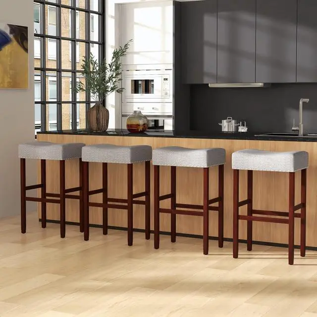 Alt view image 4 of 7 - Giantex 29.5" Bar Height Bar Stools Set of 2 - Backless Saddle Barstools with Nailhead Linen Foam Seat, Max Load 330 Lbs Wood Bar Stools with Foot Rest for Kitchen Island, Grey