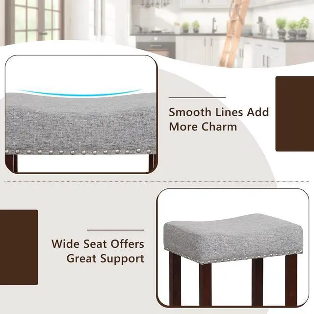 Alt view image 5 of 7 - Giantex 29.5" Bar Height Bar Stools Set of 2 - Backless Saddle Barstools with Nailhead Linen Foam Seat, Max Load 330 Lbs Wood Bar Stools with Foot Rest for Kitchen Island, Grey