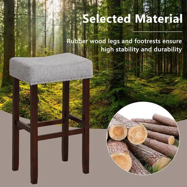 Alt view image 7 of 7 - Giantex 29.5" Bar Height Bar Stools Set of 2 - Backless Saddle Barstools with Nailhead Linen Foam Seat, Max Load 330 Lbs Wood Bar Stools with Foot Rest for Kitchen Island, Grey