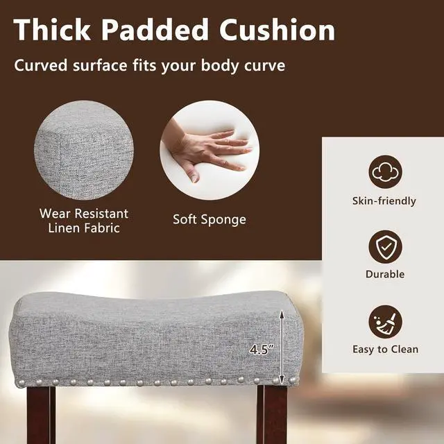 Alt view image 6 of 7 - Giantex 29.5" Bar Height Bar Stools Set of 2 - Backless Saddle Barstools with Nailhead Linen Foam Seat, Max Load 330 Lbs Wood Bar Stools with Foot Rest for Kitchen Island, Grey
