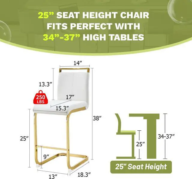 Alt view image 2 of 6 - Bar Stools Set of 4,Gold Bar Stools with Back,25" White Island Chairs with Gold Chrome Plated Metal Leg,Faux Leather Counter Height Barstools for Pub Kitchen Counter