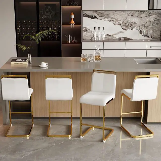 Alt view image 3 of 6 - Bar Stools Set of 4,Gold Bar Stools with Back,25" White Island Chairs with Gold Chrome Plated Metal Leg,Faux Leather Counter Height Barstools for Pub Kitchen Counter