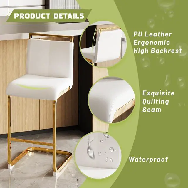 Alt view image 4 of 6 - Bar Stools Set of 4,Gold Bar Stools with Back,25" White Island Chairs with Gold Chrome Plated Metal Leg,Faux Leather Counter Height Barstools for Pub Kitchen Counter