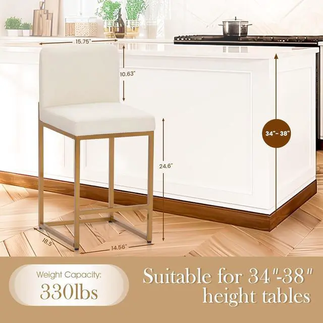 Alt view image 2 of 7 - Sophia & William Bar Stools Set of 4, White & Gold Bar Stools with Back, Counter Height 24 Bar Stools for Kitchen Island, White Leather Modern Bar Stools