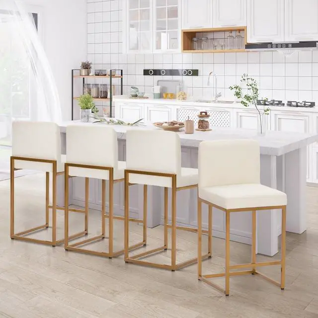 Main image of Sophia & William Bar Stools Set of 4, White & Gold Bar Stools with Back, Counter Height 24 Bar Stools for Kitchen Island, White Leather Modern Bar Stools